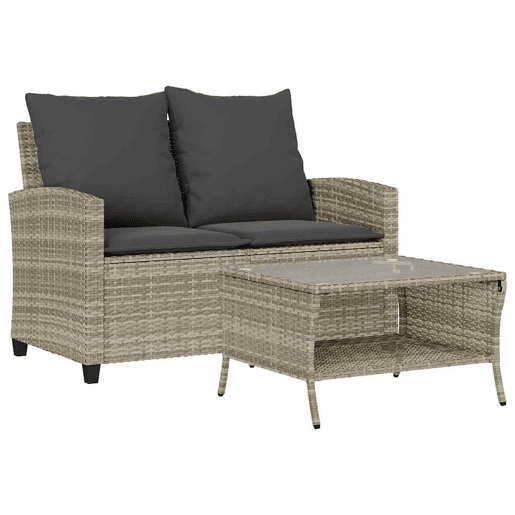 vidaXL Sofá jardim c mesa e almofadões 2 lugares vime PE cinza claro vidaXL Sofá jardim c mesa e almofadões 2 lugares vime PE cinza claro