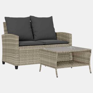 vidaXL Sofá jardim c mesa e almofadões 2 lugares vime PE cinza claro