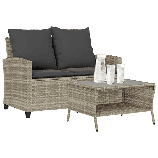 vidaXL Sofá jardim c mesa e almofadões 2 lugares vime PE cinza claro vidaXL Sofá jardim c mesa e almofadões 2 lugares vime PE cinza claro