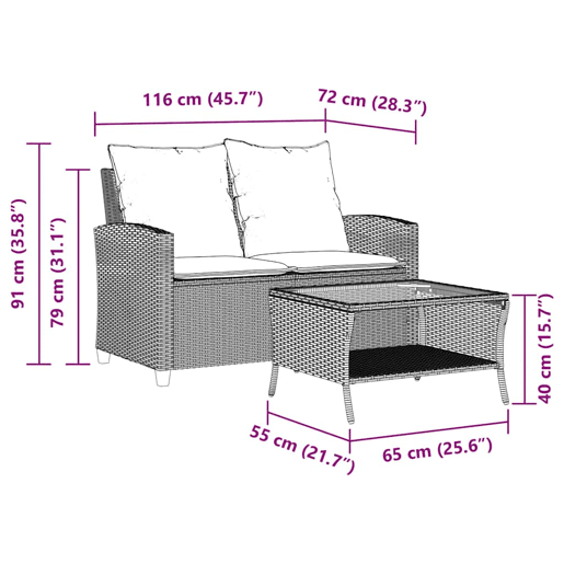 vidaXL Sofá jardim c mesa e almofadões 2 lugares vime PE cinza claro vidaXL Sofá jardim c mesa e almofadões 2 lugares vime PE cinza claro