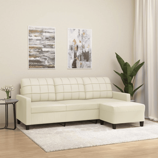 Sofá 3 lugares - Sofá fixo c apoio pés 180 cm couro artificial cor creme