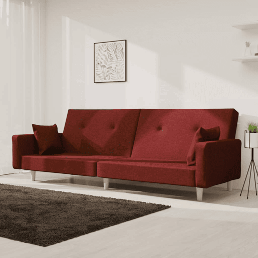 Sofá-cama, Sofá conversível 2 lugares com duas almofadas tecido vermelho tinto