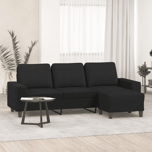 Sofá de 3 lugares - Sofá fixo com apoio de pés 180 cm tecido preto Sofá de 3 lugares - Sofá fixo com apoio de pés 180 cm tecido preto