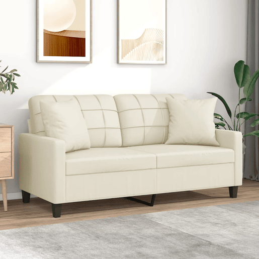 Sofá 2 lugares - Sofá fixo + almofadas decorativas 140cm couro artif. creme Sofá 2 lugares - Sofá fixo + almofadas decorativas 140cm couro artif. creme