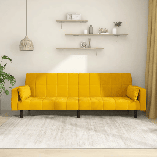 Sofá-cama, Sofá conversível 2 lugares com duas almofadas veludo amarelo