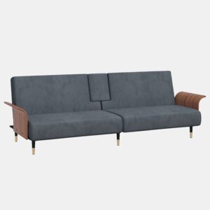 Sofá-cama, Sofá conversível com suportes para copos veludo cinzento-escuro
