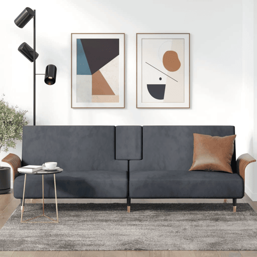 Sofá-cama, Sofá conversível com suportes para copos veludo cinzento-escuro Sofá-cama, Sofá conversível com suportes para copos veludo cinzento-escuro