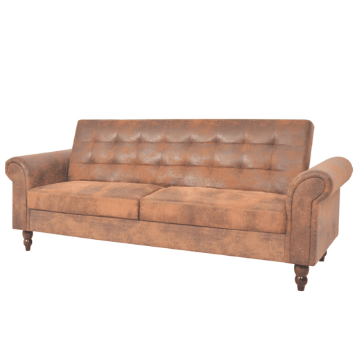 Sofá conversível 2lug., Sofá-cama apoio braços camurça artificial castanho Sofá conversível 2lug., Sofá-cama apoio braços camurça artificial castanho