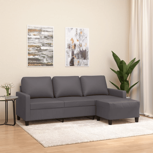Sofá de 3 lugares - Sofá fixo c apoio de pés 180 cm couro artificial cinza Sofá de 3 lugares - Sofá fixo c apoio de pés 180 cm couro artificial cinza