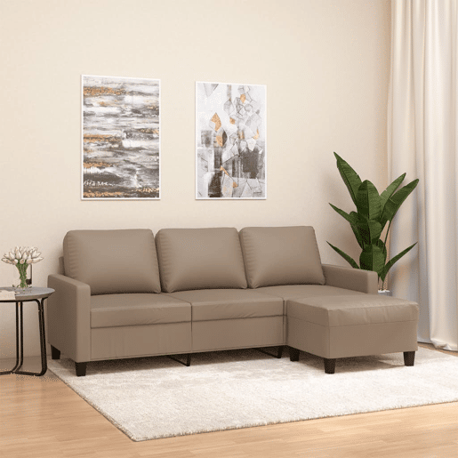 Sofá 3 lugares - Sofá fixo c apoio pés 180 cm couro artificial cappuccino Sofá 3 lugares - Sofá fixo c apoio pés 180 cm couro artificial cappuccino