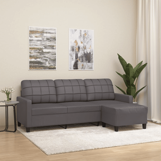 Sofá de 3 lugares - Sofá fixo c apoio de pés 180 cm couro artificial cinza Sofá de 3 lugares - Sofá fixo c apoio de pés 180 cm couro artificial cinza