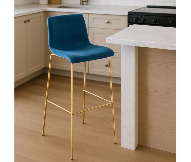 Taburete de bar hoover terciopelo marco de cuatro patas oro azul 48x43x100 cm