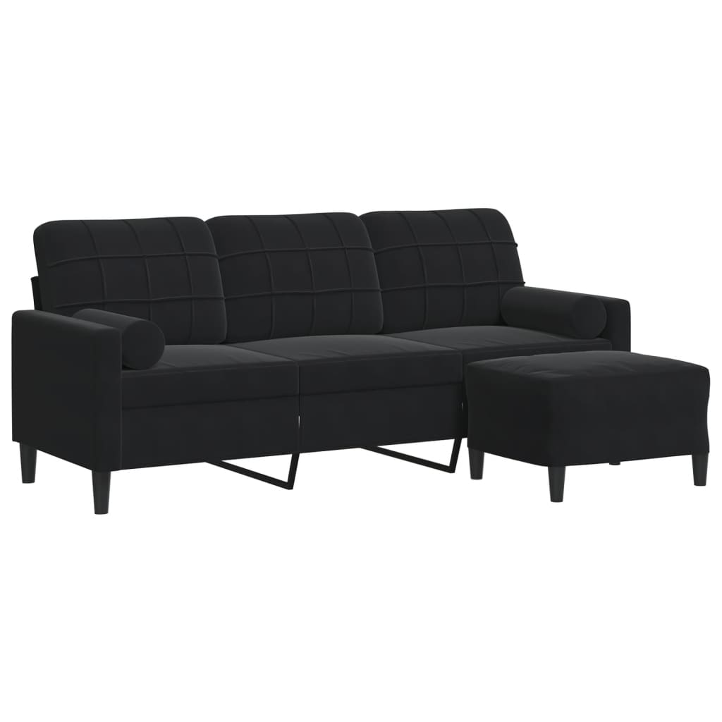 Vidaxl sofá de 3 plazas con taburete de terciopelo negro 180 cm