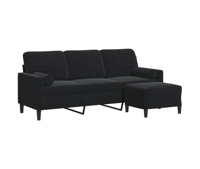 Vidaxl sofá de 3 plazas con taburete de terciopelo negro 180 cm