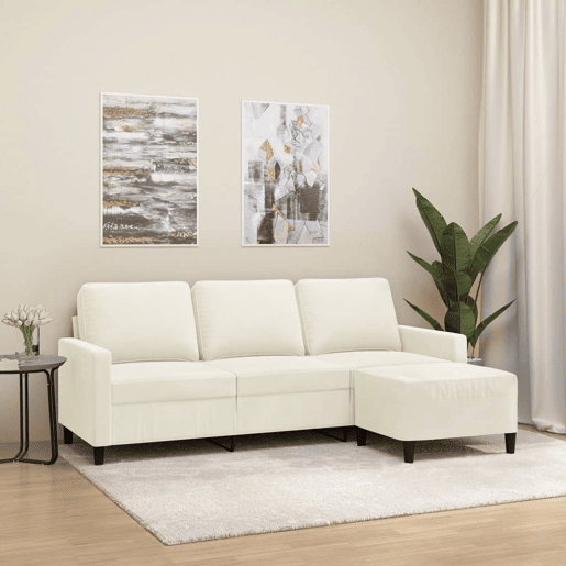 vidaXL Sofá de 3 lugares com apoio de pés 180 cm veludo cor creme