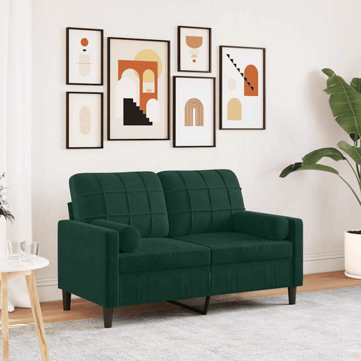 vidaXL Sofá 2 lug. c almofadas decorativas 120 cm veludo verde-escuro vidaXL Sofá 2 lug. c almofadas decorativas 120 cm veludo verde-escuro