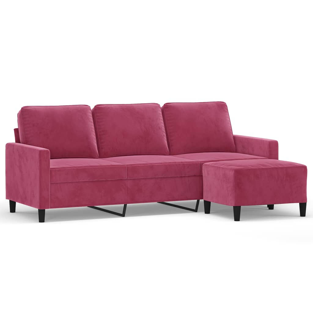 Vidaxl sofá de 3 plazas con taburete de terciopelo rojo tinto 180 cm