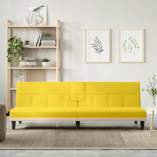Sofá-cama, Sofá conversível com suportes para copos tecido amarelo-claro