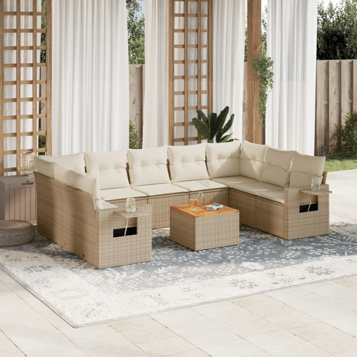 vidaXL 10 pcs conjunto de sofás p jardim com almofadões vime PE bege vidaXL 10 pcs conjunto de sofás p jardim com almofadões vime PE bege