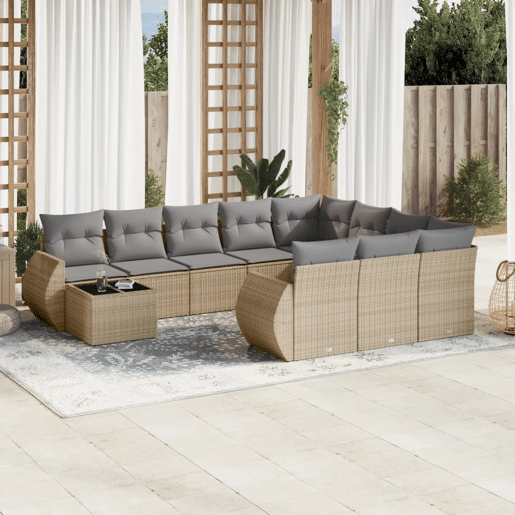 vidaXL 11 pcs conjunto sofás de jardim c almofadões vime PE bege vidaXL 11 pcs conjunto sofás de jardim c almofadões vime PE bege