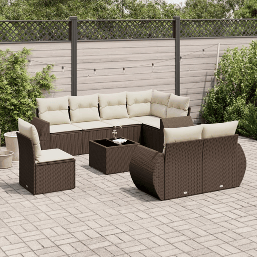 vidaXL 9 pcs conjunto sofás p jardim c almofadões vime PE castanho vidaXL 9 pcs conjunto sofás p jardim c almofadões vime PE castanho
