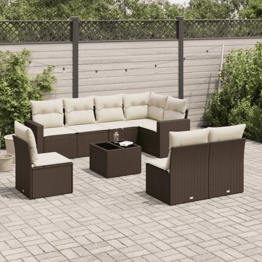 vidaXL 9 pcs conjunto sofás p jardim c almofadões vime PE castanho vidaXL 9 pcs conjunto sofás p jardim c almofadões vime PE castanho