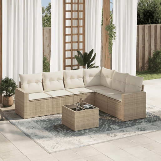 vidaXL 7 pcs conjunto de sofás p jardim com almofadões vime PE bege vidaXL 7 pcs conjunto de sofás p jardim com almofadões vime PE bege