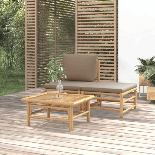 vidaXL 3 pcs conj. lounge jardim bambu almofadões cinzento-acastanhado