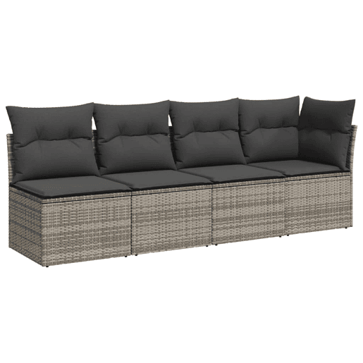 vidaXL Sofá de jardim 4 lugares com almofadões vime PE cinzento vidaXL Sofá de jardim 4 lugares com almofadões vime PE cinzento