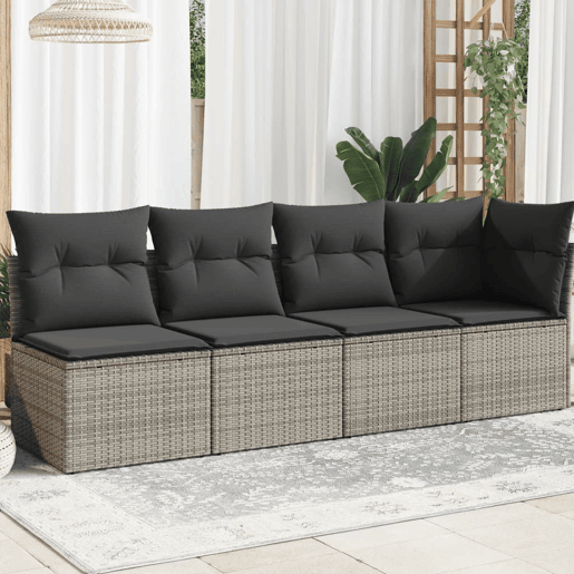 vidaXL Sofá de jardim 4 lugares com almofadões vime PE cinzento vidaXL Sofá de jardim 4 lugares com almofadões vime PE cinzento