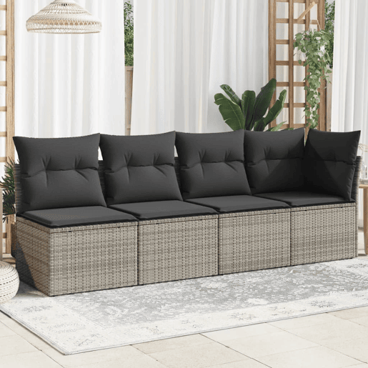 vidaXL Sofá de jardim 4 lugares com almofadões vime PE cinzento vidaXL Sofá de jardim 4 lugares com almofadões vime PE cinzento