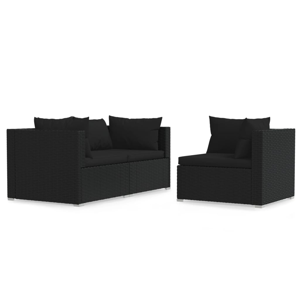 Vidaxl set de muebles de jardín 3 pzas y cojines ratán sintético negro