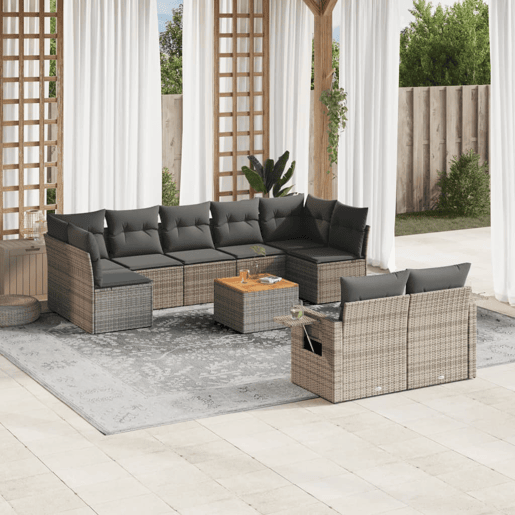 vidaXL 10 pcs conjunto sofás de jardim c almofadões vime PE cinzento vidaXL 10 pcs conjunto sofás de jardim c almofadões vime PE cinzento