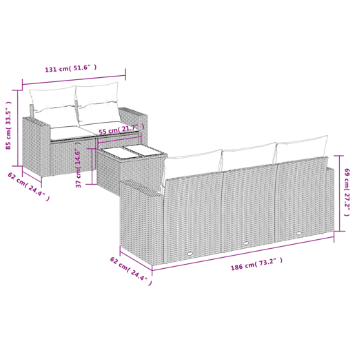 vidaXL 6 pcs conjunto de sofás p jardim com almofadões vime PE bege