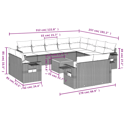 vidaXL 13 pcs conjunto de sofás p jardim com almofadões vime PE bege