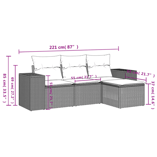 vidaXL 4 pcs conjunto de sofás para jardim c almofadões vime PE bege