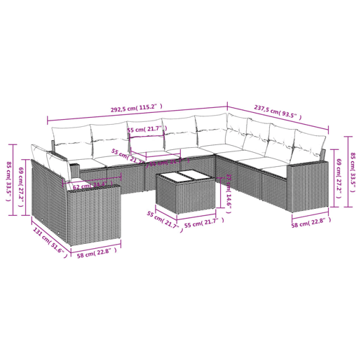 vidaXL 11 pcs conjunto sofás de jardim c almofadões vime PE bege