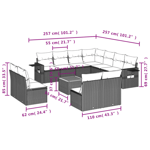 vidaXL 12 pcs conjunto de sofás de jardim c almofadões vime PE preto