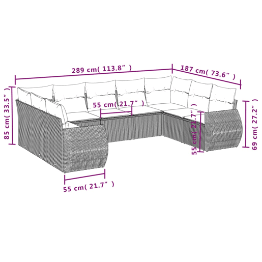 vidaXL 9 pcs conjunto de sofás p jardim com almofadões vime PE bege