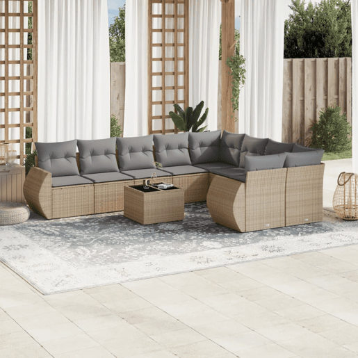 vidaXL 10 pcs conjunto de sofás p jardim com almofadões vime PE bege