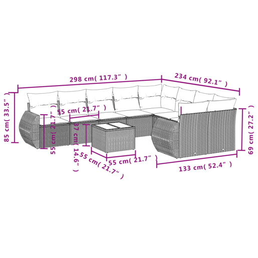 vidaXL 10 pcs conjunto de sofás p jardim com almofadões vime PE bege