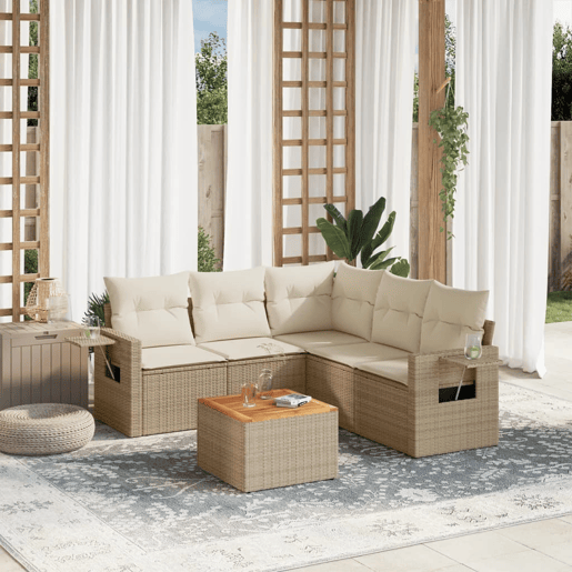 vidaXL 6 pcs conjunto de sofás p jardim com almofadões vime PE bege vidaXL 6 pcs conjunto de sofás p jardim com almofadões vime PE bege
