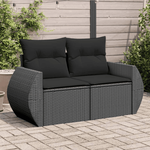 vidaXL Sofá de jardim com almofadas, 2 lugares, vime sintético preto vidaXL Sofá de jardim com almofadas, 2 lugares, vime sintético preto