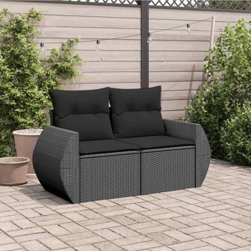 vidaXL Sofá de jardim com almofadas, 2 lugares, vime sintético preto vidaXL Sofá de jardim com almofadas, 2 lugares, vime sintético preto