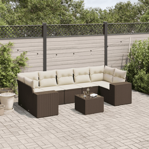 vidaXL 8 pcs conjunto sofás de jardim c almofadões vime PE castanho