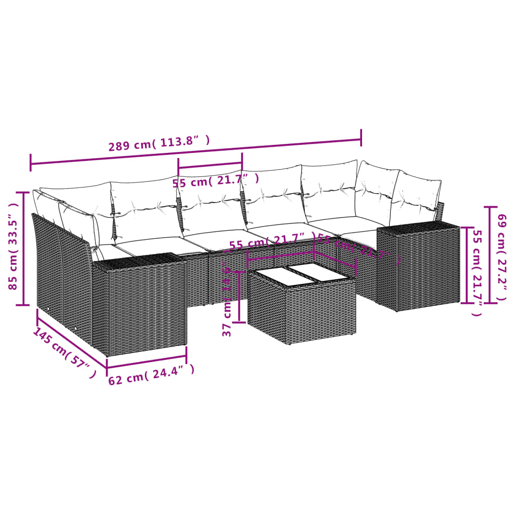 vidaXL 8 pcs conjunto sofás de jardim c almofadões vime PE castanho