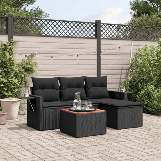 vidaXL 5 pcs conjunto sofás de jardim com almofadões vime PE preto
