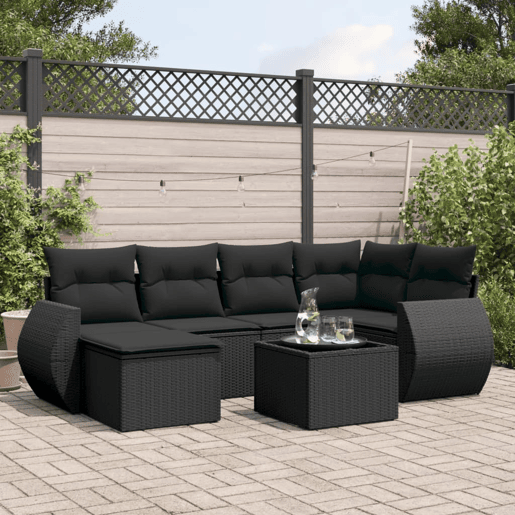 vidaXL 7 pcs conjunto de sofás p jardim c almofadões vime PE preto