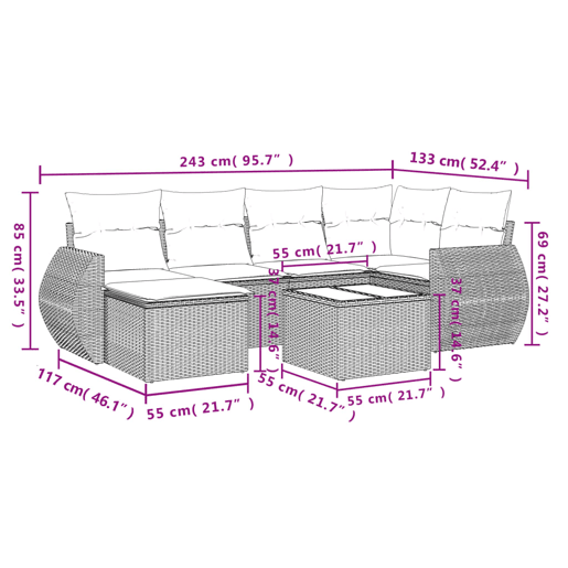 vidaXL 7 pcs conjunto de sofás p jardim c almofadões vime PE preto
