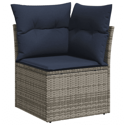 vidaXL Sofá de canto para jardim com almofadões vime PE cinzento vidaXL Sofá de canto para jardim com almofadões vime PE cinzento